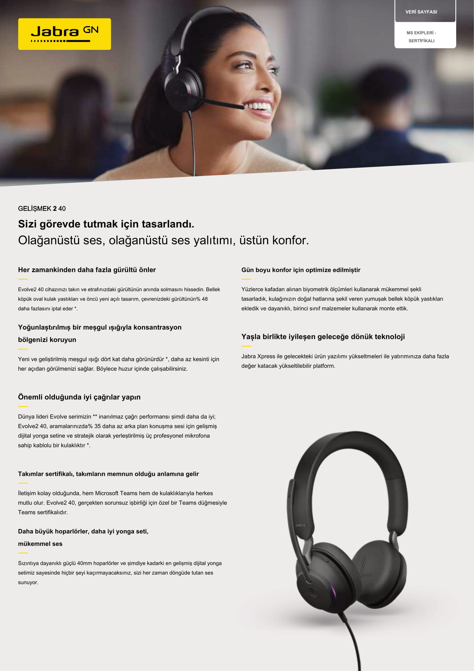 Jabra Evolve2 40 Mono USB-A Kulak Üstü Kulaklık Özellikleri